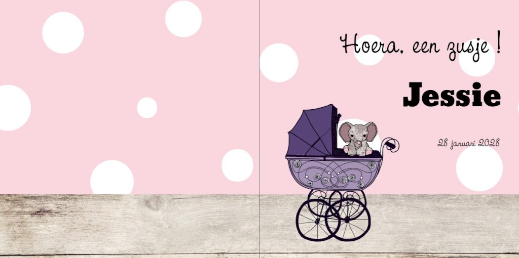 Geboortekaart met roze kinderwagen en olifantje